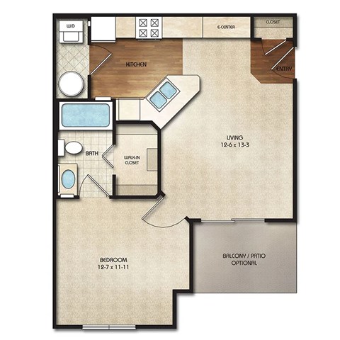 Floor plan for 1 bed, 1 bath, 590 sqft